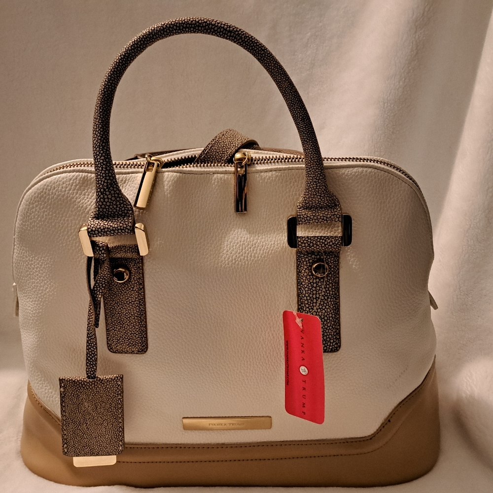 Ivanka Trump handbag, Ava, tan and white. Gold accents. NWT
